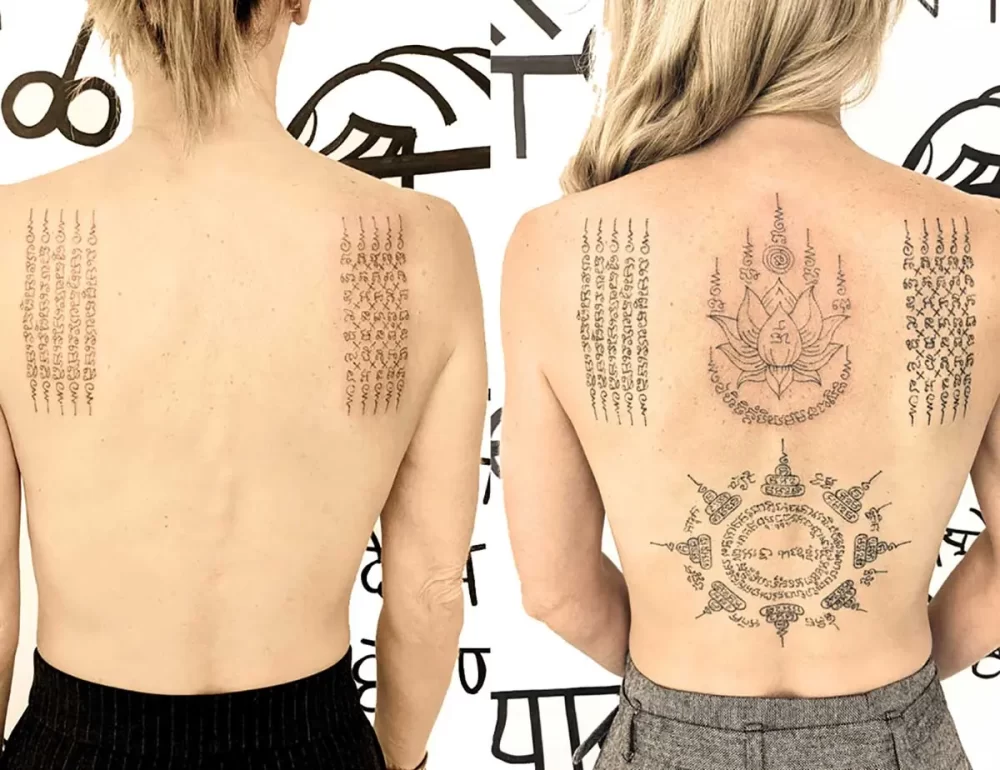 Évolution d'un tatouage thaïlandais Sak Yant dans le dos, avant et après, ajout progressif de motifs au handpoke à Bayonne
